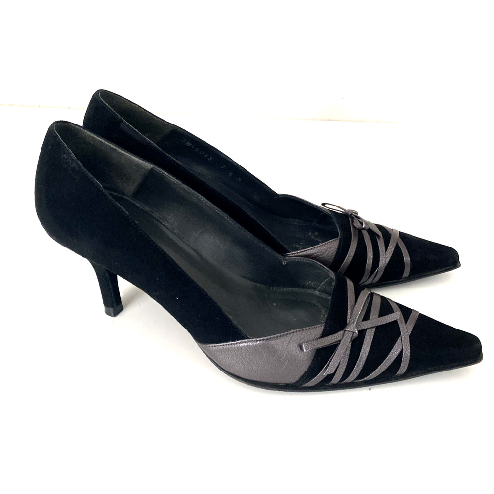Stuart Weitzman Pump Black Suede Silver Pewter Leather Bow Pointed Toe Lace 7.5 - Picture 4 of 9
